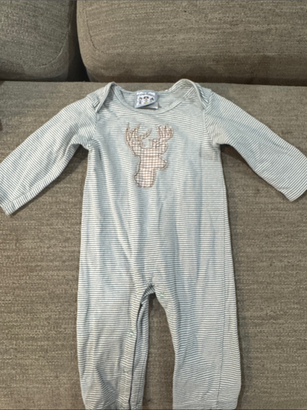Striped Light Blue Baby One-Piece with Moose Appliqué